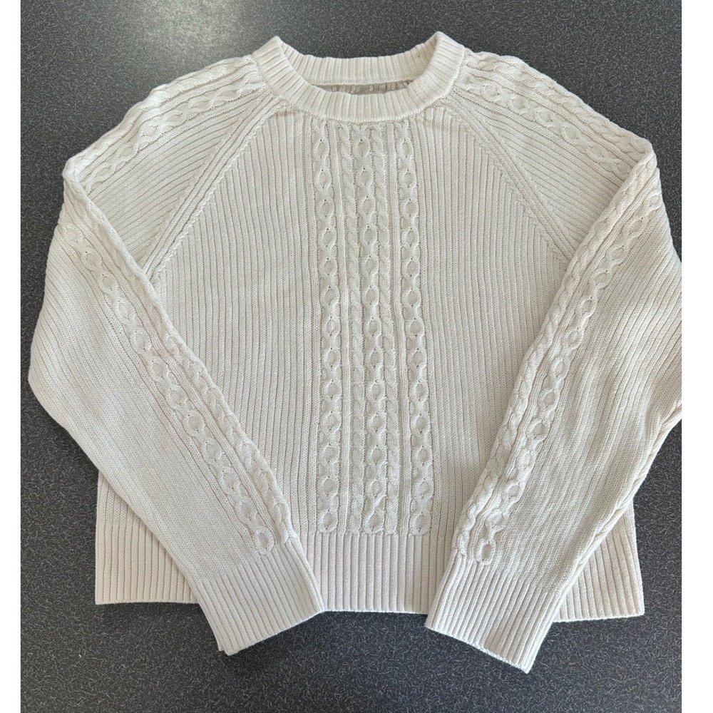 NWT LOFT Cream Cable Knit Sweater Medium 100% Cotton Ivory Chunky Pullover